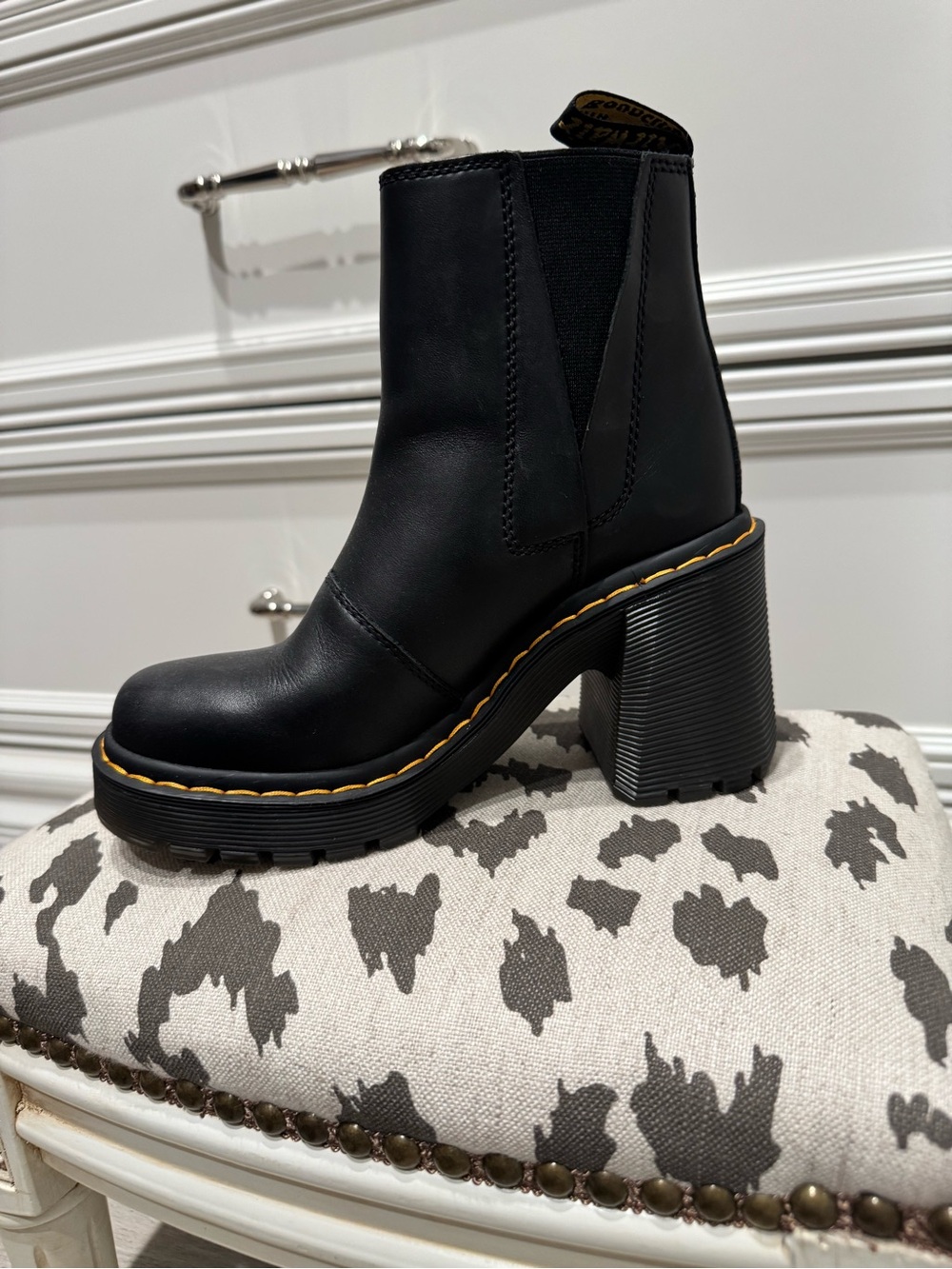 Dr. Martens Black Leather Platform Spence Boot with Yellow Welt Stitch